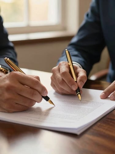 A close-up of hands signing legal documents on a dark oak desk, soft golden hour light filtering through a window, elegant gold fountain pen, warm editorial feel