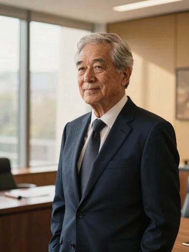 Reflective portrait of an elegant senior lawyer in a warm-lit modern office, soft window light, deep navy suit, looking off-camera with a reassuring expression, 35mm