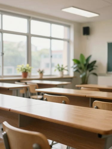 Bright modern classroom with natural light streaming through large windows, clean wooden desks, and green plants in the background.