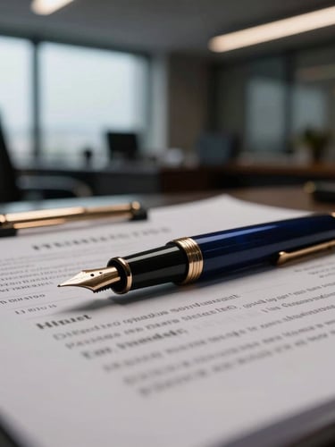 Close-up of a high-end fountain pen resting on a complex real estate contract, modern office background with dramatic low-key window light, deep navy and bronze tones, shallow depth of field.