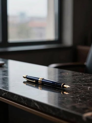 Dramatic low-key side-lit window daylight reflecting on a modern dark marble office desk with a luxury fountain pen on top, shallow depth of field, 50mm lens, deep navy and bronze tones