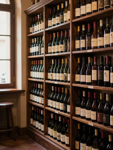 Interno caldo di un'enoteca toscana con scaffali in legno scuro carichi di bottiglie di vino, botti di rovere in penombra, luce soffusa e accogliente