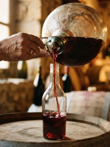 Close-up of rich red wine being poured from a traditional glass demijohn into a clear bottle, warm ambient lighting, soft shadows, 35mm photography