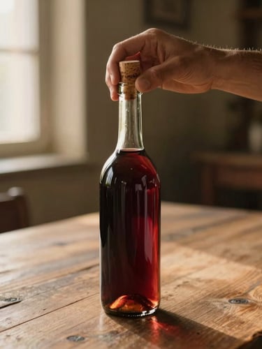 Hands of a winemaker carefully corking a glass bottle filled with red wine, rustic wooden table, soft golden light, warm vintage atmosphere, 35mm photography