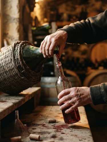 Primo piano di mani anziane che versano vino rosso da una damigiana in una bottiglia di vetro trasparente, luce dorata della finestra, atmosfera intima e calda di cantina