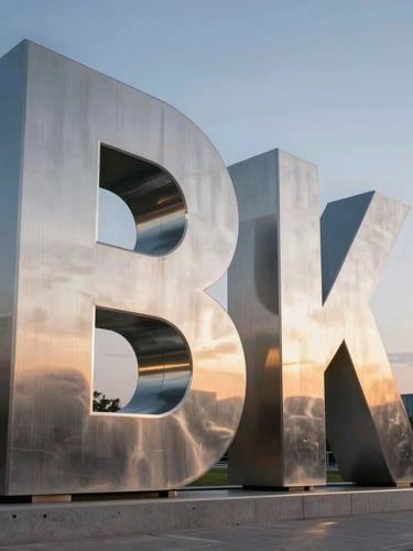 Straight-on elevation of a massive illuminated stainless steel outdoor sign at dusk, perfect diffusion without hot spots, crisp architectural lines.