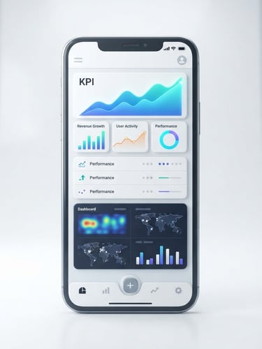 Straight-on clean digital 3D render of a mobile application interface showing enterprise analytics, bright high-key studio lighting, pure white and soft gray background, sharp focus