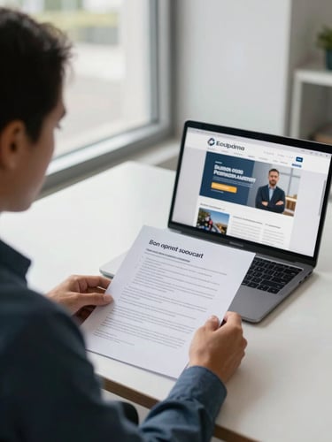 Medium shot of a compliance professional at a desk reviewing printed regulatory documents alongside a laptop showing a training platform interface, even office daylight from a window to the left, Ecuadorian banking environment