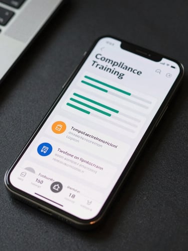Close-up of a smartphone screen displaying a compliance training module dashboard with progress bars and regulatory content sections, held at a slight angle on a dark desk surface under soft office light