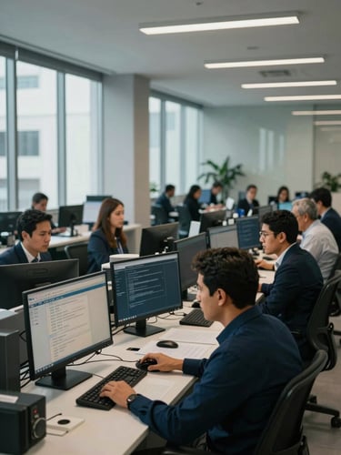 Wide interior shot of a professional banking office in Quito, Ecuador — a compliance team seated at a long desk reviewing regulatory dashboards on monitors, even LED office daylight from lateral windows, muted slate and navy tones, no smiling poses, medium-wide framing that emphasizes the institutional environment over individual faces