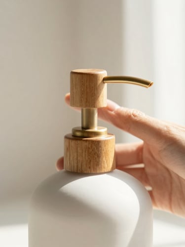 Close-up shot of a hand pressing a matte ceramic soap pump, soft morning light casting gentle shadows, warm wood and brass details