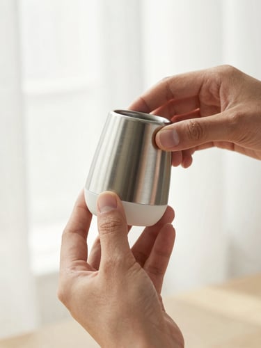 Close-up of hands testing a new kitchenware prototype, brushed steel and matte ceramic, soft morning window light, architectural crop, shallow depth of field, clean white and amber tones.