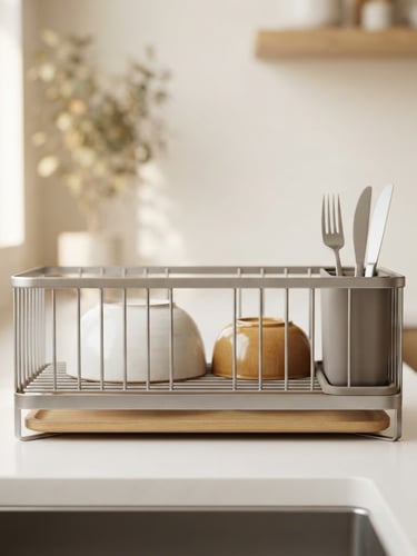 Straight-on architectural crop of a minimalist steel and silicone dish rack on a clean white counter, soft morning window light, warm oak accents, shallow depth of field