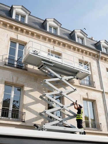 Low-angle shot of a professional furniture lift extended to a third-floor Parisian window, a certified operator in high-visibility gear adjusting the secure base controls under bright daylight.