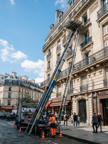 Professional furniture lift extended to a high-floor window of a Haussmann building in Paris, operator in high-visibility gear securing the perimeter, bright daylight, low-angle shot showing height and stability, clean blue and white tones.