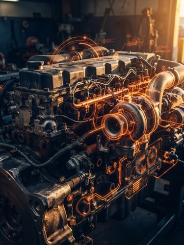 Close-up of a modern truck engine block with digital orange telemetry lines overlay, sharp focus, industrial tech photography, dramatic golden-hour lighting