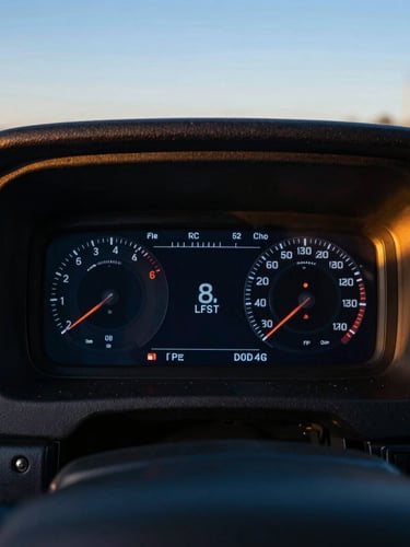 Close up of a heavy duty truck dashboard showing digital diagnostic telemetry during golden hour, high contrast, industrial tech