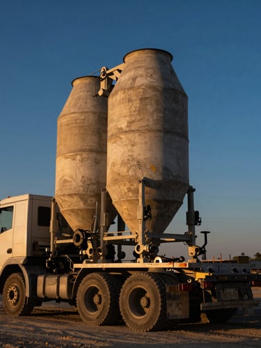 A heavy industrial concrete mixer and semi-truck parked at a dusty construction site during a dramatic golden hour sunset, high contrast, sharp focus, 35mm
