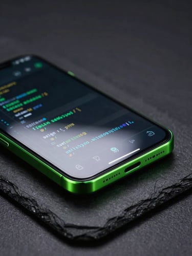 Sleek modern Android smartphone close-up on a dark slate desk, neon green edge highlights reflecting on the screen, showing high-fidelity code execution interface, macro focus, 35mm