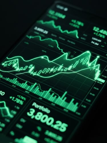 Macro close-up of a high-fidelity Android device screen displaying a dark mode financial dashboard with vibrant neon green charts, low-key studio lighting, 35mm