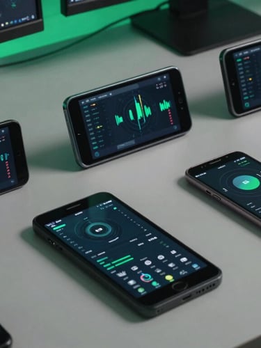 Overhead shot of a clean developer desk with multiple real Android test devices of varying sizes, glowing screens showing app performance graphs, low-key lighting with electric green accents