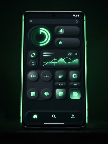 High-fidelity close-up of a modern Android device displaying a clean Material Design interface, low-key studio lighting with vibrant green neon edge highlights, sharp macro focus, 35mm