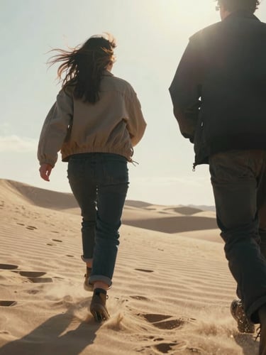 Close-up of a couple running through dunes, wind-blown hair, warm sun flare, cinematic look, shot on film