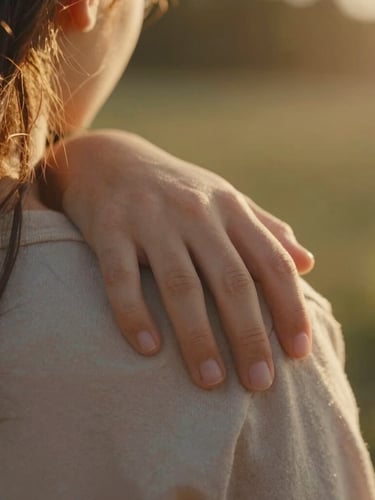 Cinematic close-up of a child's hand resting gently on a mother's shoulder, warm golden hour sunlight filtering through, soft focus, high contrast