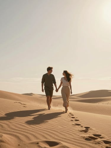 Cinematic wide shot of a couple walking hand-in-hand along a windy sand dune at golden hour, soft lens flare, warm backlighting, hair in motion.