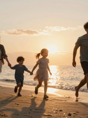 Plan large cinématographique d'une famille courant sur une plage de sable fin au coucher du soleil, reflets dorés sur l'eau, atmosphère chaleureuse.
