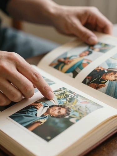A close-up of hands turning the pages of an archival photo album, warm natural light, shallow depth of field, documentary style