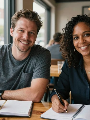 Medium-close-up portrait of two journalists, a man and a woman of diverse heritage, sitting at a wooden table with notebooks in a sunlit Des Moines cafe, warm natural light, authentic smiles