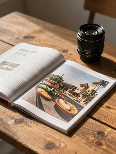 A high-end print magazine lying open on a rustic wooden table, warm natural daylight casting soft shadows, 35mm lens, rich organic tones