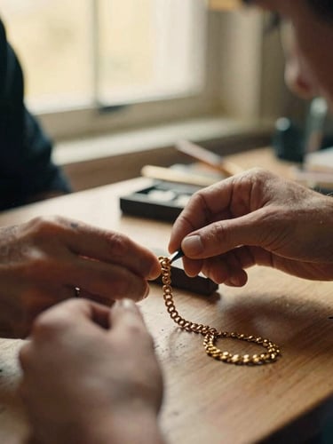 Close-up of artisan hands carefully polishing a vintage gold necklace on a wooden workbench, warm golden-hour window light, rich ivory and deep black tones, shallow depth of field, 35mm film