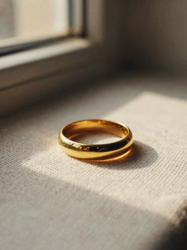 Macro shot of a vintage gold ring catching soft golden-hour window light on a textured linen surface, shallow depth of field, warm 35mm film style.