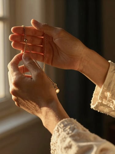 A close-up portrait of hands delicately holding a vintage gold necklace, warm golden-hour window light illuminating the textured linen sleeve and the soft skin, elegant, quiet luxury