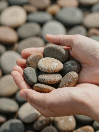 Close-up of gentle hands holding smooth, warm river stones, soft diffused morning light, shallow depth of field, muted earth tones, 35mm film texture.