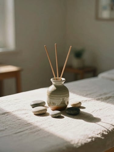 Portrait shot of a quiet, sunlit corner of a treatment room, soft diffused morning light, warm organic shadows, a small arrangement of smooth river stones and a ceramic oil diffuser on a wooden table, textured linen visible, muted earth tones, shallow depth of field.