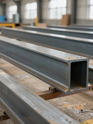 A close-up of structural steel beams being fabricated inside a bright, clean industrial workshop, natural daylight filtering through.