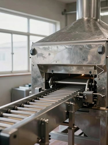 Crisp industrial photography of a massive, automated stainless steel bakery conveyor line under bright factory window lighting.