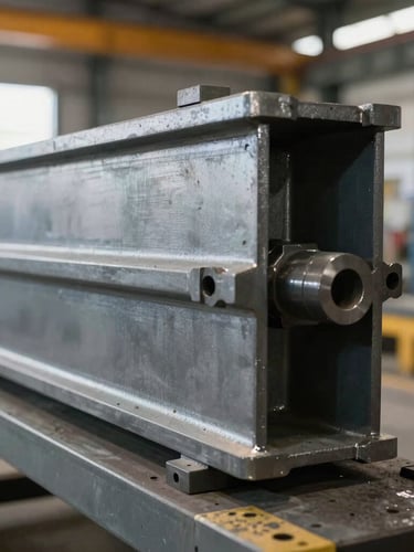 Close-up crisp industrial photography of structural steel fabrication and precision machinery parts, bright factory workshop lighting, sharp focus.