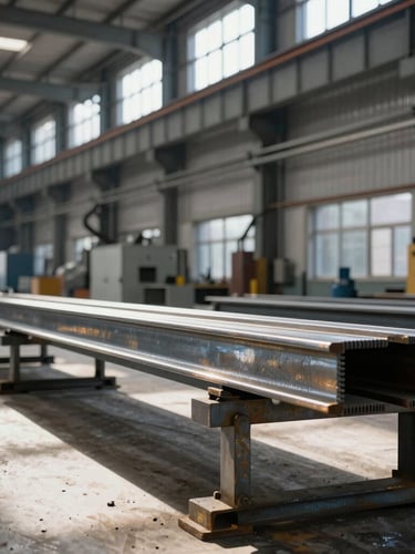 High-contrast industrial workshop layout, heavy steel beams being fabricated under bright natural factory light, cool steel tones.