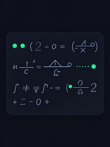 Minimalist vector illustration of a dashboard interface showing transparent mathematical formulas, neon green accents, clean UI, dark mode.