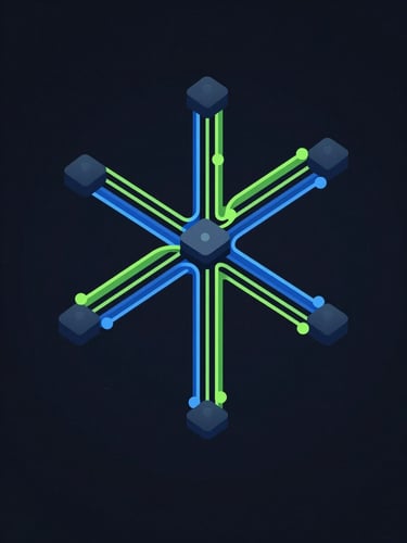 Abstract vector representation of a cryptographic block structure, neon green and blue data streams flowing through a central node, dark terminal style
