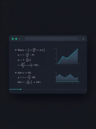 Minimalist vector illustration of a clean terminal UI showing transparent formulas and mathematical charts, dark mode fintech aesthetic, neon blue and green accents
