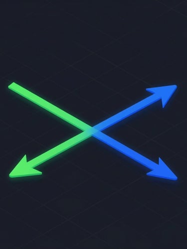 Isometric vector diagram of trade entry and exit vectors, neon green and blue lines on a dark grid background, dark mode fintech aesthetic