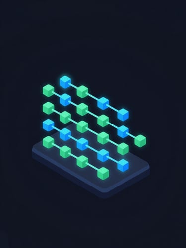Isometric digital vector diagram of a blockchain ledger, glowing neon blue and green nodes, dark background, clean UI style