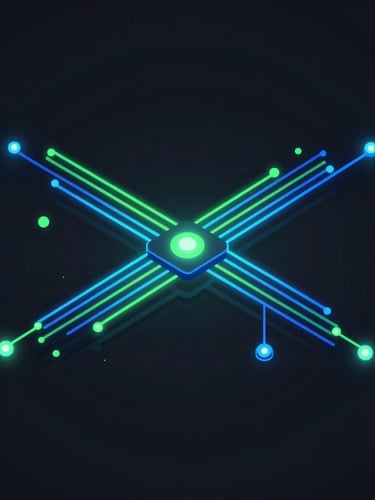 Isometric vector diagram of glowing data streams and interconnected nodes, dark mode interface, electric green and neon blue highlights on deep charcoal backdrop.