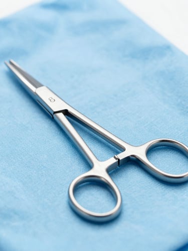 Sharp macro shot of sterile-packed surgical steel forceps on a clean blue surgical drape, high-key clinical studio lighting, bright cool tones.