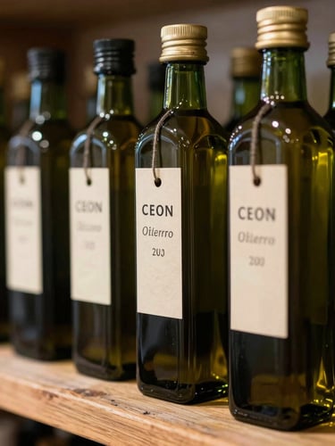 A close-up photograph of artisanal olive oil bottles with hand-labeled parchment tags sitting on a rustic wooden shelf, illuminated by soft natural side-light with a shallow depth of field.